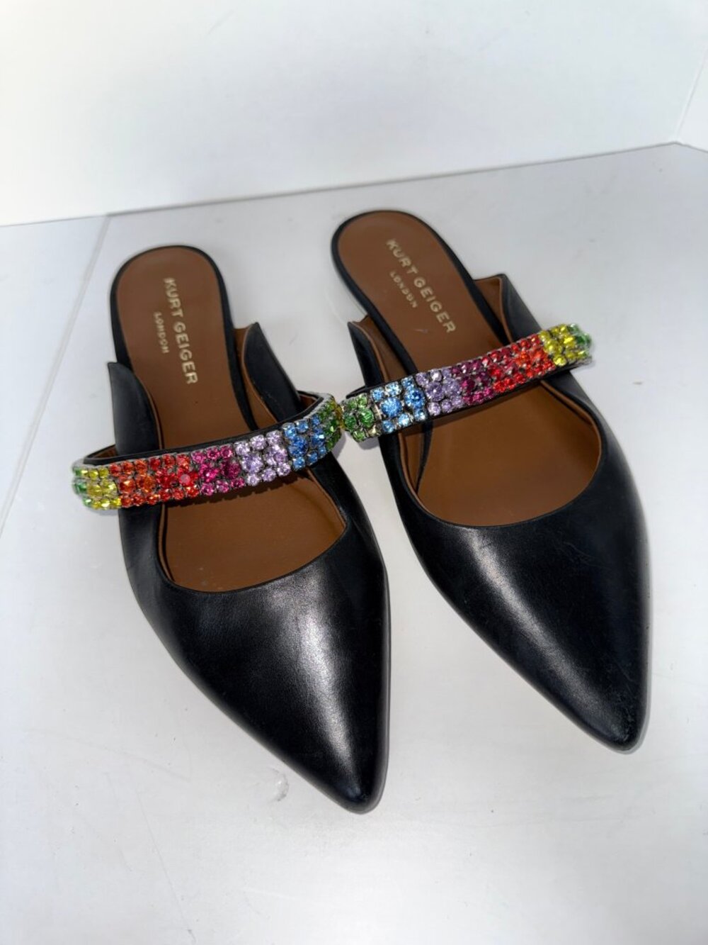 Kurt Geiger London Princely Black Leather Rainbow Crystal Flat Mules EU 41